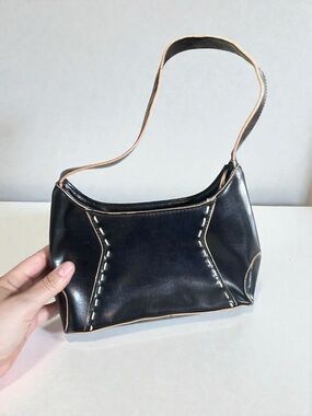 Y2K Black Mini Shoulder Bag Contrast Stitch Baguette Purse